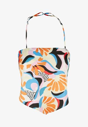 Top cu imprimeu floral colorat, având un design cu bretele, realizat dintr-un material ușor, cu un amestec de modele albastre, portocalii, roz și negre.