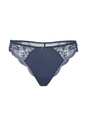 Bikini da donna blu navy con pannello frontale in tessuto a coste, lati in pizzo floreale e piccolo fiocco frontale.