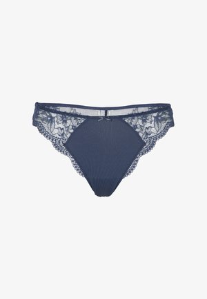 Bikini da donna blu navy con pannello frontale in tessuto a coste, lati in pizzo floreale e piccolo fiocco frontale.
