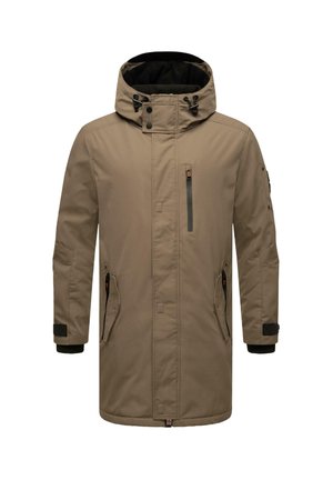 Braune isolierte Jacke mit Kapuze, ausgestattet mit einem Reißverschluss vorne, zwei Seitentaschen und einer Brusttasche; strukturierter Stoff und verstellbare Bündchen.