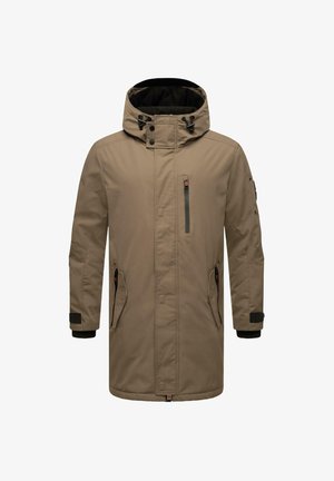 Braune isolierte Jacke mit Kapuze, ausgestattet mit einem Reißverschluss vorne, zwei Seitentaschen und einer Brusttasche; strukturierter Stoff und verstellbare Bündchen.