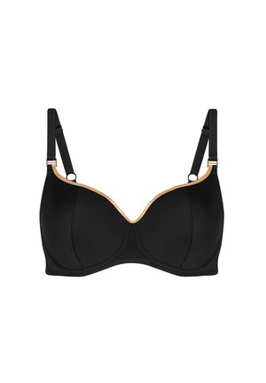 Czarny biustonosz z fiszbinami o gładkim wykończeniu, złote wykończenie wzdłuż dekoltu, regulowane ramiączka i usztywnione miseczki.