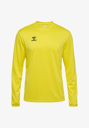 Langärmliges, gelbes Sportshirt aus atmungsaktivem Material; verfügt über einen runden Ausschnitt und das schwarze "hummel"-Logo auf der oberen linken Seite.