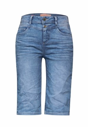 Lichtblauwe denim shorts met een rechte snit, twee voorkruiszakken en een sluiting met twee knopen op de taille. Gladde, licht vervaagde textuur.