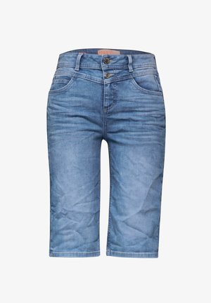 Lichtblauwe denim shorts met een rechte snit, twee voorkruiszakken en een sluiting met twee knopen op de taille. Gladde, licht vervaagde textuur.