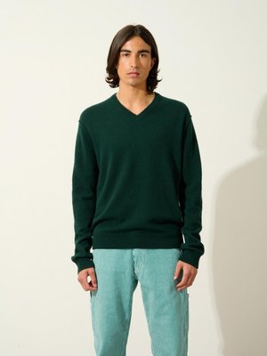 Maglione verde scuro a scollo a V in tessuto morbido, abbinato a pantaloni a righe blu chiaro. Il maglione presenta maniche lunghe e polsini a costine.