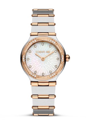 Cerruti 1881 watch features a rose gold and silver band, a round mother-of-pearl dial with a sunburst pattern and crystal hour markers.