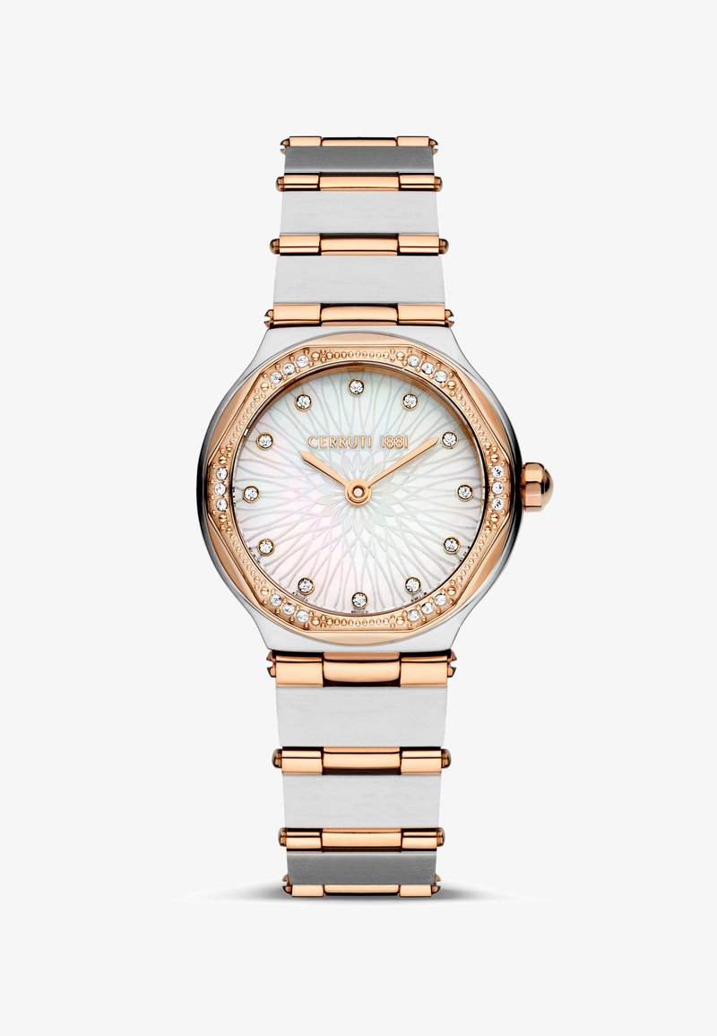 Cerruti 1881-klockan har ett armband i roséguld och silver, en rund urtavla i pärlemor med ett solstrålemönster och kristallmarkeringar för timmarna.