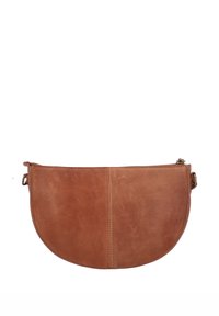 Braune Leder-Umhängetasche, halbkreisförmiges Design mit glatten und strukturierten Bereichen, Reißverschluss und verstellbarem Riemen.