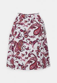 Saia branca com um padrão paisley colorido em púrpura profundo, vermelho e laranja. Cintura elástica para conforto e flexibilidade.