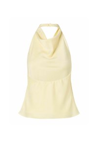 Top halter en satin jaune pâle avec encolure drapée et taille cintrée, fermeture au dos du cou.