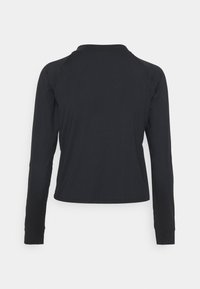 Schwarzes langärmliges Oberteil mit gerippter Struktur, Rundhalsausschnitt und figurbetontem Schnitt. Verfügt über verlängerte Ärmel und einen kurzen Schnitt auf Taillenhöhe.