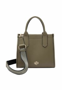 Sac à main en cuir vert olive au design structuré, avec deux poignées supérieures, une bandoulière amovible à motif et un accent en logo doré.