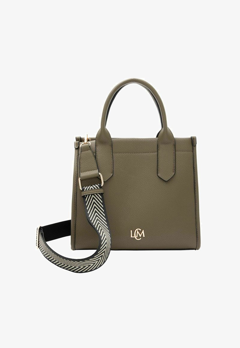Sac à main en cuir vert olive au design structuré, avec deux poignées supérieures, une bandoulière amovible à motif et un accent en logo doré.