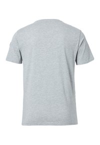 T-shirt in cotone grigio con maniche corte, collo rotondo classico e una texture morbida. Presenta un piccolo logo sulla manica sinistra.