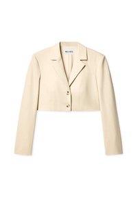 Kraftig blazer i ljusbeige tyg med långa ärmar, breda slag och två frontknappar i guld. Slät textur och skräddarsydd design.