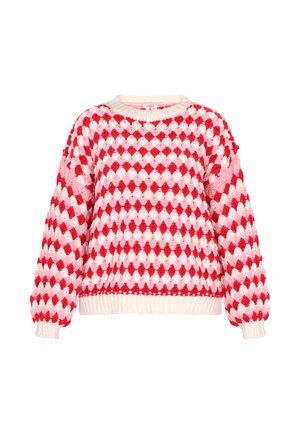 Rød og pink strikket sweater med diamantmønster, rund halsudskæring og ribbede manchetter og kant. Struktureret garn giver et hyggeligt udseende.