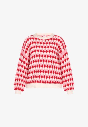 Rød og pink strikket sweater med diamantmønster, rund halsudskæring og ribbede manchetter og kant. Struktureret garn giver et hyggeligt udseende.