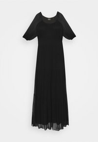 Długa czarna sukienka z kwadratowym dekoltem, krótkimi bufkami na rękawach i warstwowym krojem. Wykonana z lekkiego materiału, z teksturowanym gorsetem.