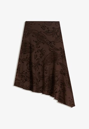 Brown asymmetrical skirt with black paisley floral print and a slightly flared silhouette on a white background.