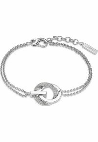 Braccialetto d'argento con un design a doppia catena, un motivo circolare con una finitura testurizzata e accenti di pietre trasparenti, e una chiusura a gancio.
