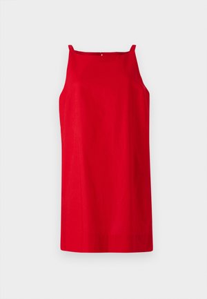 Red sleeveless dress with a straight cut, made of smooth fabric. Features thin shoulder straps and a subtle back seam detail.