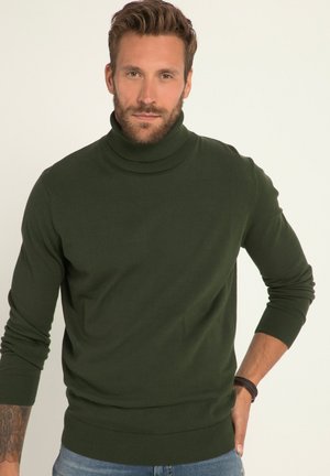 Jersey verde de cuello alto en un material de punto suave, con puños y dobladillo acanalados, y un diseño ajustado que ofrece una silueta esbelta.