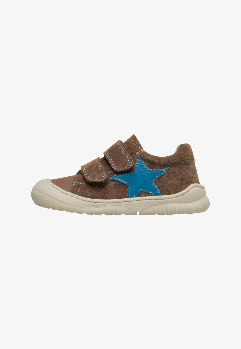 Brown suede sneaker with blue leather star accent, two Velcro straps, beige rubber sole, and white stitching detail.