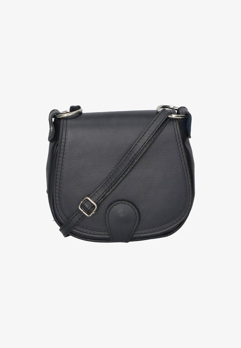 Schwarze Lederumhängetasche mit geschwungener Form, verstellbarem Schulterriemen, silberner Hardware und dekorativer Steppnaht auf der Vorderseite.