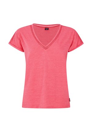 Ružová tričko s výstrihom do V a krátkymi rukávmi, vyrobené z jemného materiálu. Má textúrovaný výstrih a voľný strih.