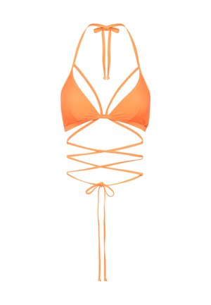 Narancs bikini felsőrész háromszög alakú kosarakkal, állítható pántokkal és keresztbe fonott dizájnnal. Simaságot biztosító anyagból készült, megkötős záródással.