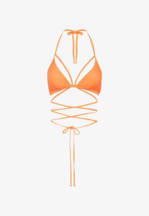 Orange bikini top with triangular cups, adjustable straps, and a crisscross design. Made from smooth fabric, featuring tie closures.