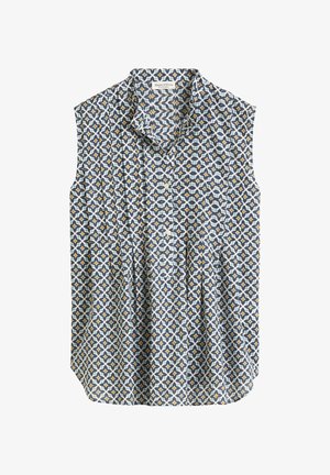 Ärmellose Bluse in Hellblau mit geometrischem Muster in Marineblau und Senf. Mit klassischen Kragen und durchgehender Knopfleiste. Weicher Stoff.