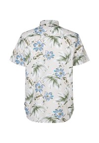 Camisa de manga corta con fondo crema y flores azules acompañadas de hojas verdes. Cuello tipo solapa y dobladillo curvado. Tejido ligero.