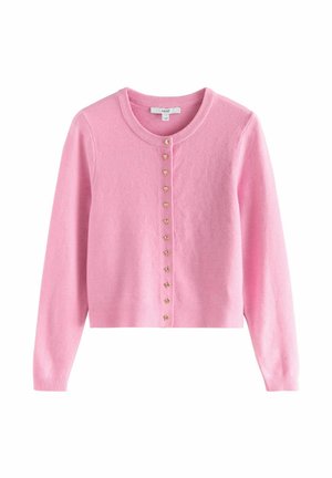 Cárdigan rosa de punto con cuello redondo, mangas largas y botones dorados con forma de corazón en la parte delantera. Textura suave, diseño corto.