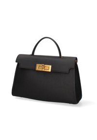 Borsa a tracolla nera in pelle con una forma strutturata, dotata di manico superiore e chiusura dorata. Superficie testurizzata con una finitura liscia e lucida.