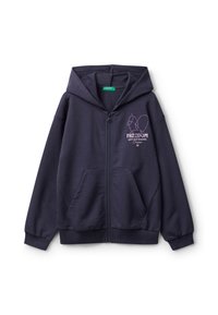 Felpa con zip di colore navy in tessuto morbido, dotata di due tasche frontali, cappuccio con cordino e testo stampato con un design semplice sul petto.