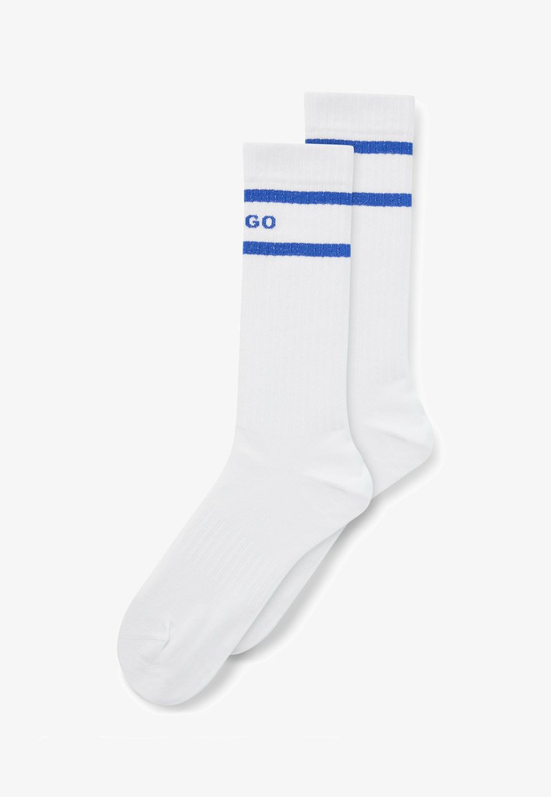 White cotton socks featuring two blue horizontal stripes near the top and the word "GO" in blue knit on the side.