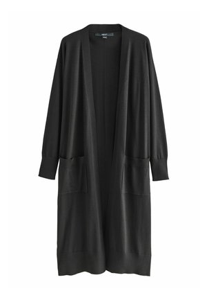 Langer schwarzer Cardigan aus weichem Material, mit langen Ärmeln, zwei vorderen Taschen sowie gerippten Bündchen und Saum. Ohne Knöpfe oder Verschlüsse.