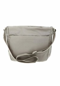 Gray messenger bag made of textured fabric, featuring a long adjustable strap and a zippered top, with one rear pocket.