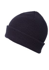 Dark navy blue knitted beanie with folded cuff, shown at slight angle on white background.