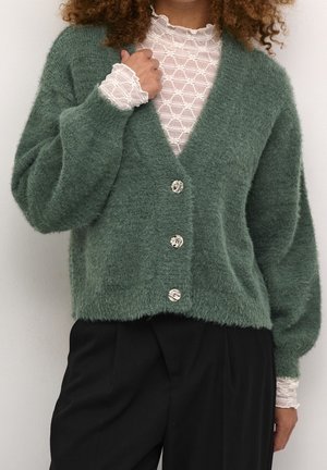 Green, fluffy cardigan with long sleeves and a v-neck, featuring four circular buttons and a textured underside. Paired with a lace top.
