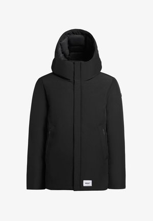 Czarna pikowana kurtka z wysokim kołnierzem i przypinaną kapturem. Posiada zamek błyskawiczny z przodu, dwie boczne kieszenie oraz metkę z logo u dołu.