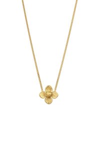 Guld halskæde med en struktureret blomst pendant med fire kronblade, fæstnet til en kæde med sammenflettede led.