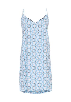 Abito blu chiaro con motivo a forma geometrica, caratterizzato da cerchi e forme curve, realizzato in un tessuto liscio con spalline sottili e regolabili.