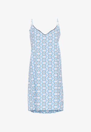 Abito blu chiaro con motivo a forma geometrica, caratterizzato da cerchi e forme curve, realizzato in un tessuto liscio con spalline sottili e regolabili.