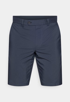 Donkerblauwe shorts gemaakt van lichtgewicht materiaal, met een vlakke voorkant, zijzakken en een enkele knoopsluiting in de taille.