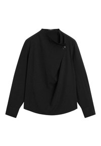 Top nero a maniche lunghe con un davanti drappeggiato, caratterizzato da un ampio colletto e una chiusura con bottone. Realizzato in un morbido tessuto testurizzato.