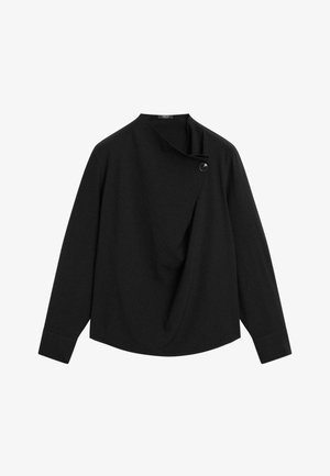 Black long-sleeve top with a draped front, featuring a broad collar and a button closure. Made from a soft, textured fabric.