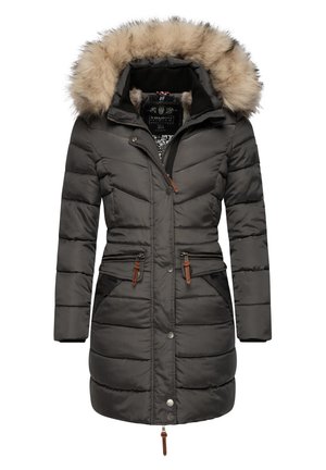 Dark gray puffer jacket with a faux fur hood. Features zippered pockets and elastic waist. Smooth texture with horizontal quilting.